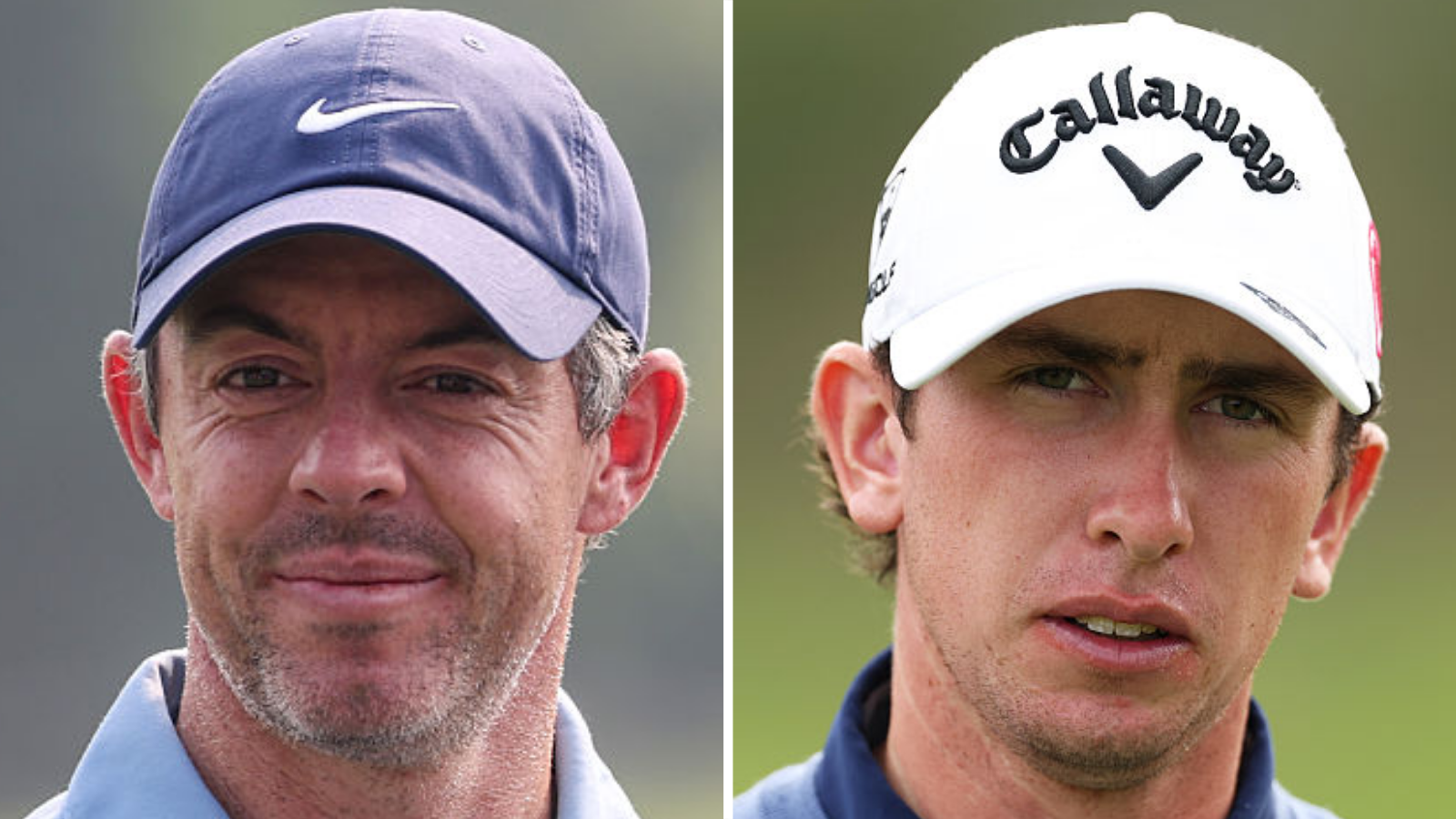 Split picture showing the faces of Rory McIlroy and Tom McKibbin, with both golfers wearing caps