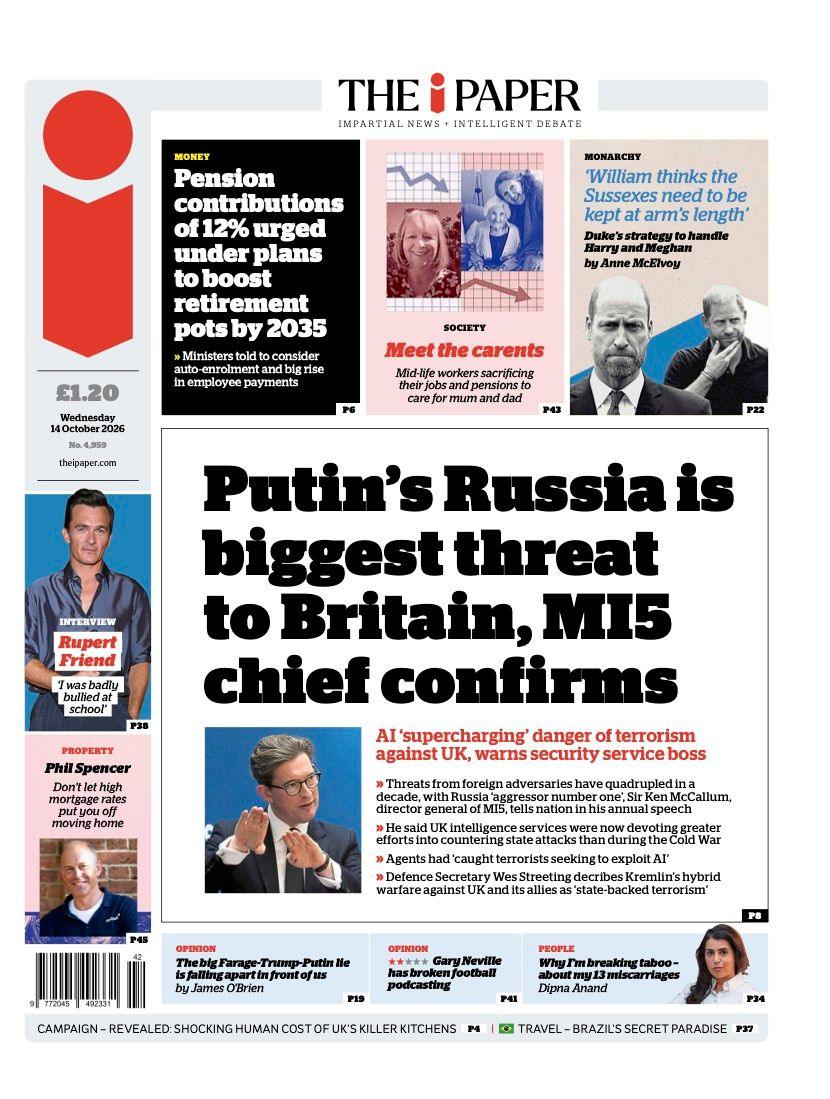 "Putin's Russia is biggest threat the Britain, MI5 chief confirms" reads the headline on the front page of The i Paper.