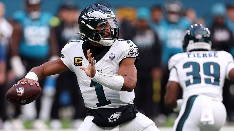 Philadelphia Eagles quarterback Jalen Hurts prepares to make a pass during his team's defeat by the Jacksonville Jaguars on 11 October 2026