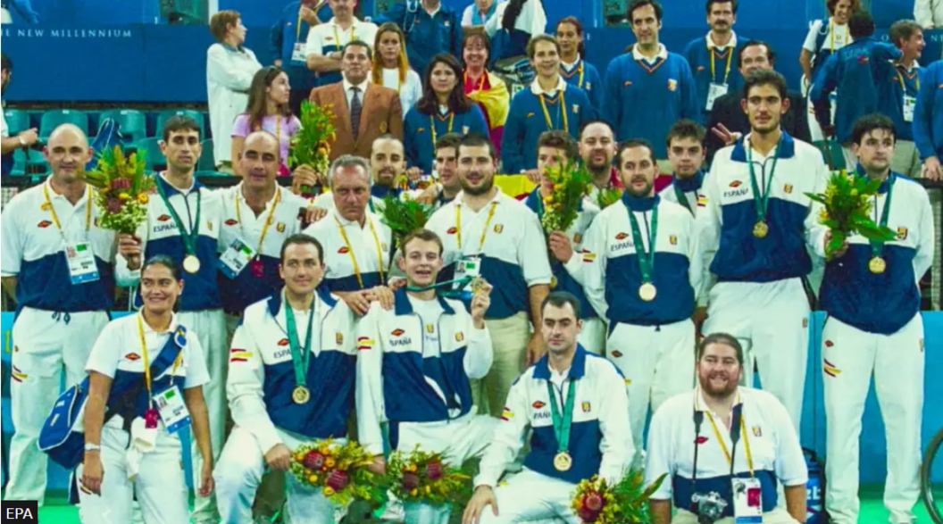 Spain's Paralympic basketball team pose for a photo