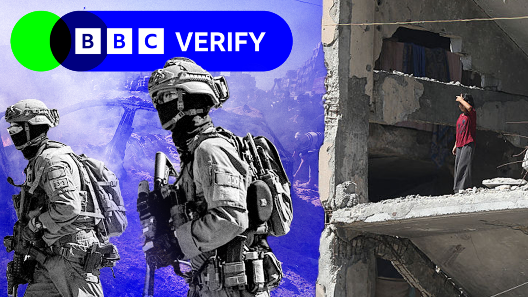 A composite image of Israeli soldiers, a child standing inside a Gaza building where the outside wall has been ripped off, and the remains of a car among smoke and rubble in a blue-scale image, with a BBC Verify lozenge on top.