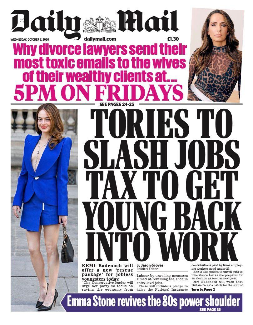 "Tories to slash jobs tax to get young back into work" reads the headline on the front page of the Daily Mail.