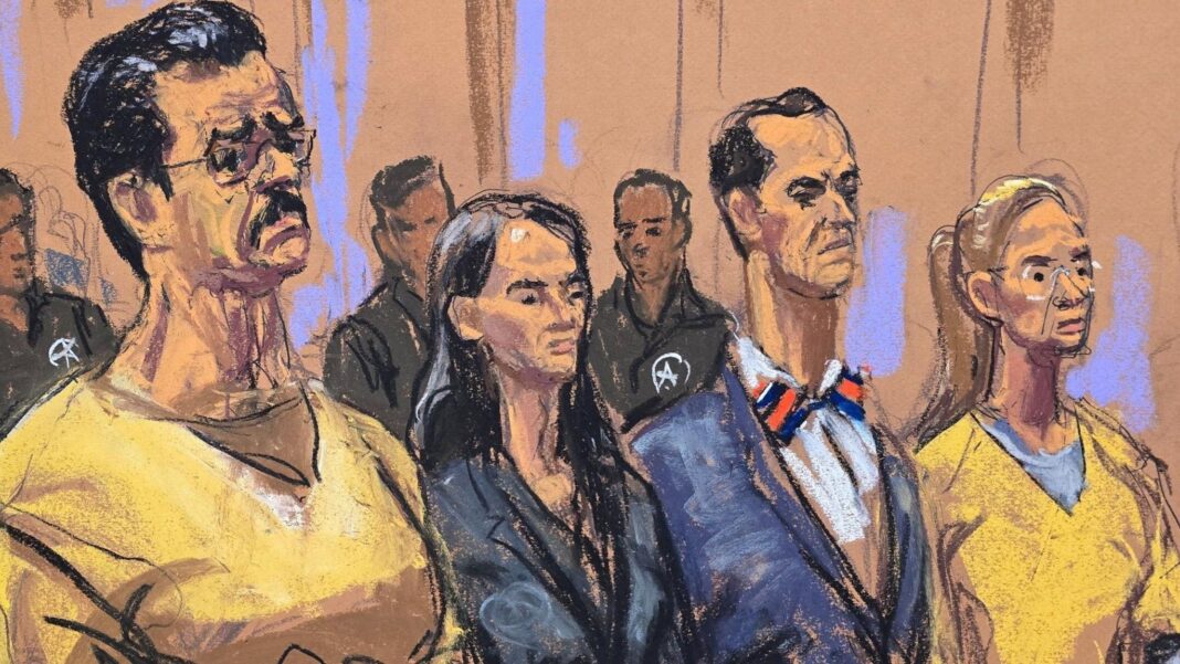 Maduro pleads not guilty to new torture-related charges in New York A sketch from court shows Nicolas Maduro and wife Cilia Flores standing with their lawyers between them. They are in prison uniforms and their lawyers, a woman and a man, are in suits.