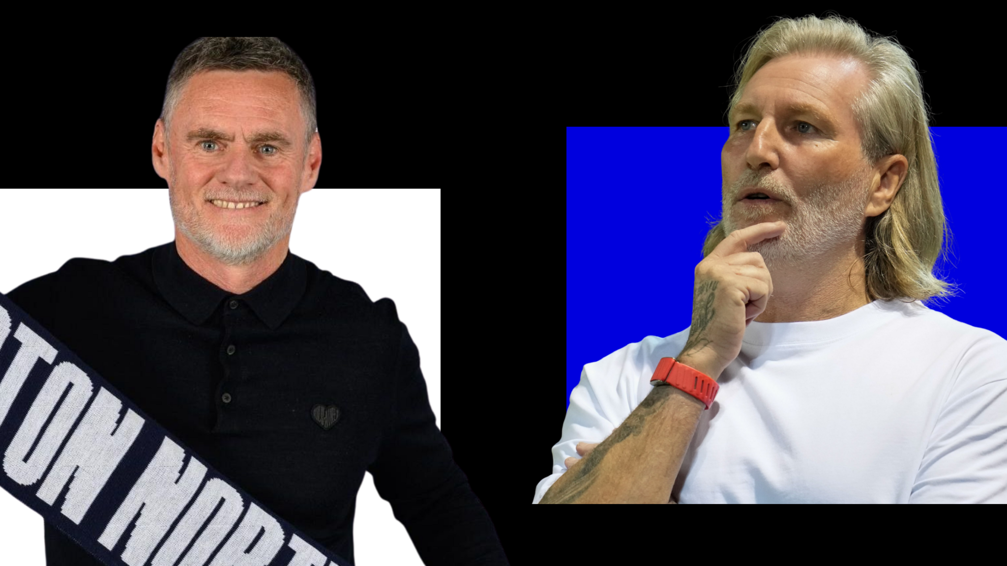 A split image featuring Graham Alexander holding a Preston scarf on a white background with Robbie Savage rubbing his chin in front of a blue background