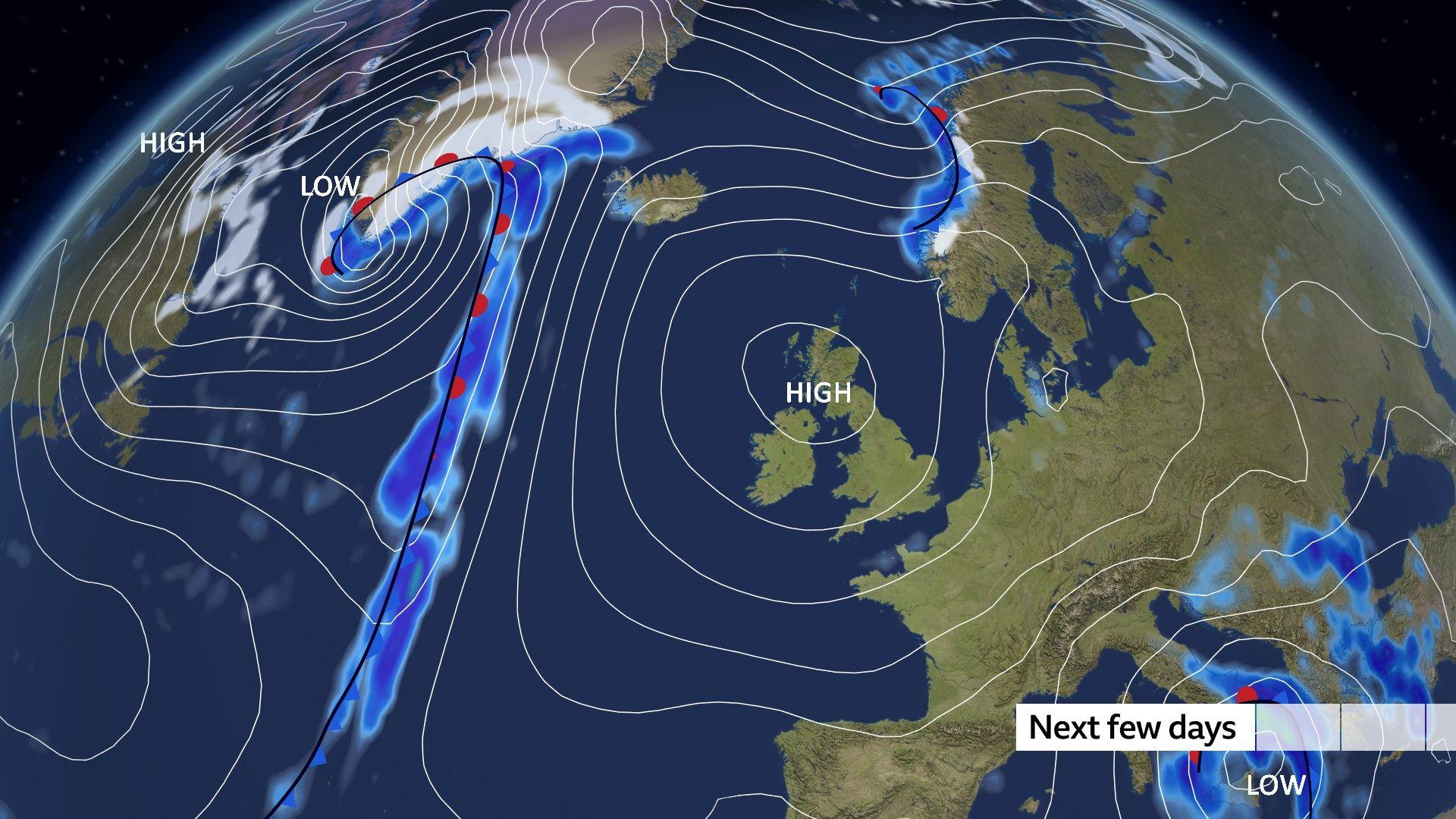 Pressure map showing a large area of high pressure across north-west Europe