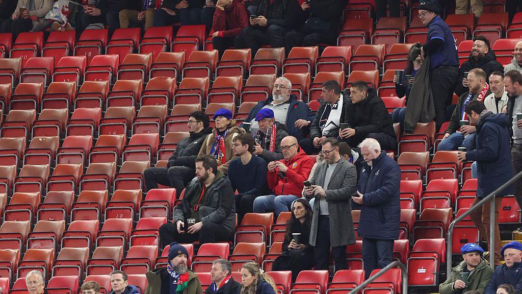 General view inside the stadium as empty seats are seen prior to the Guinness Six Nations 2026 match between Wales and France at Principality Stadium