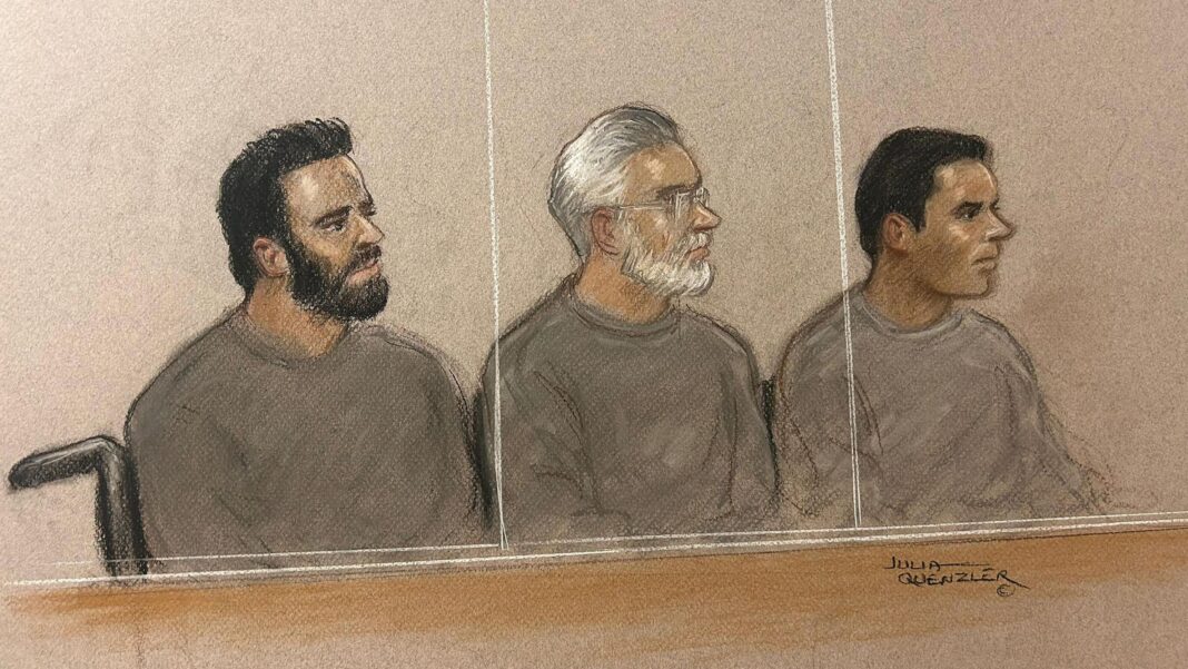 Iranian men accused of spying targeted journalists for ‘serious violence’, court hears A court sketch depicting three men sitting in a dock in court