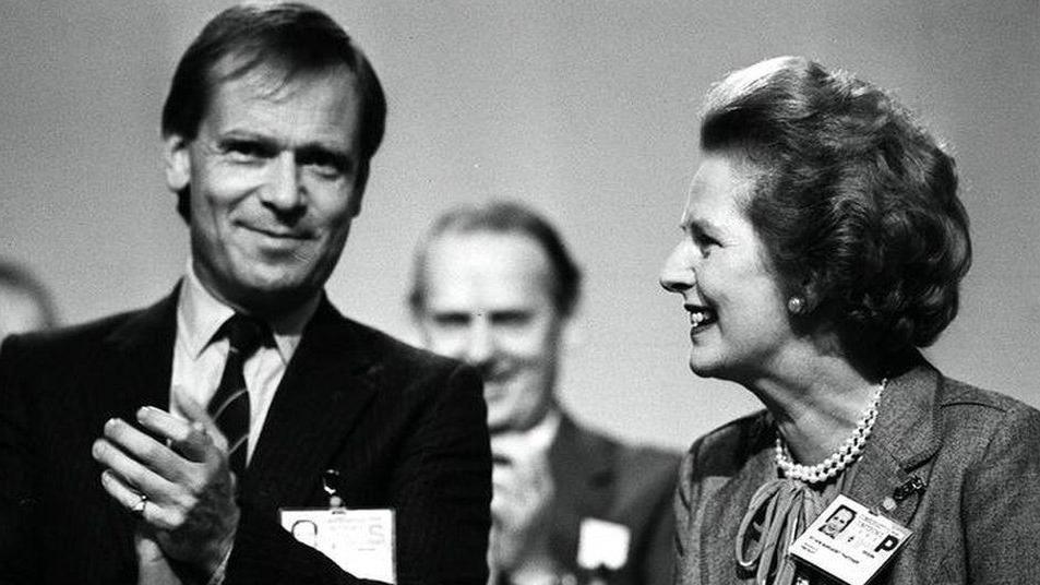 A black and white photo of Jeffrey Archer and Margaret Thatcher at party conference.