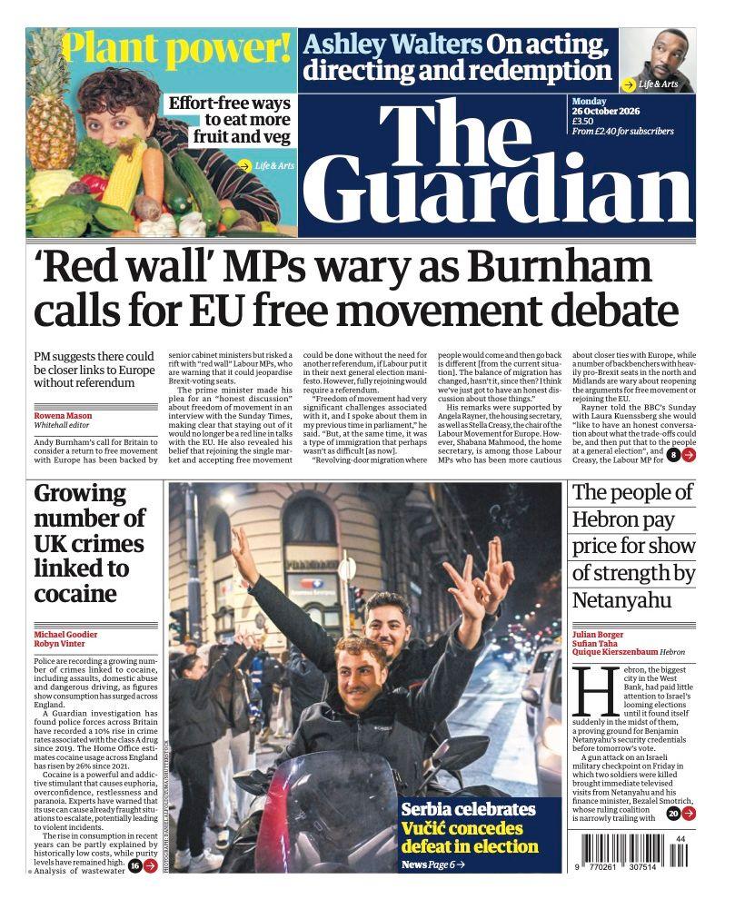 The headline on the front page of the Guardian reads: "'Red wall' MPs wary as Burnham calls for EU free movement debate".