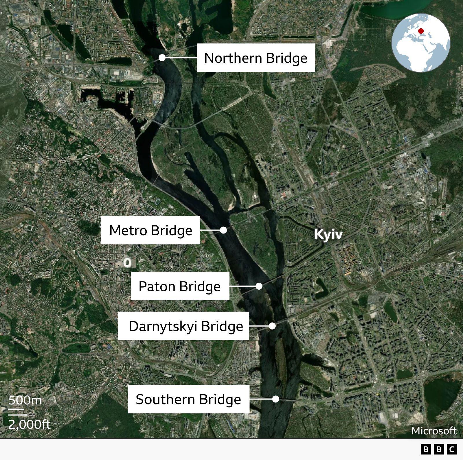 A map showing the location of five bridges in Kyiv. Northern Bridge is located furthest to the north. Going south from there are the locations of Metro Bridge, Paton Bridge, Darnytskyi Bridge, and furthest south Southern Bridge.