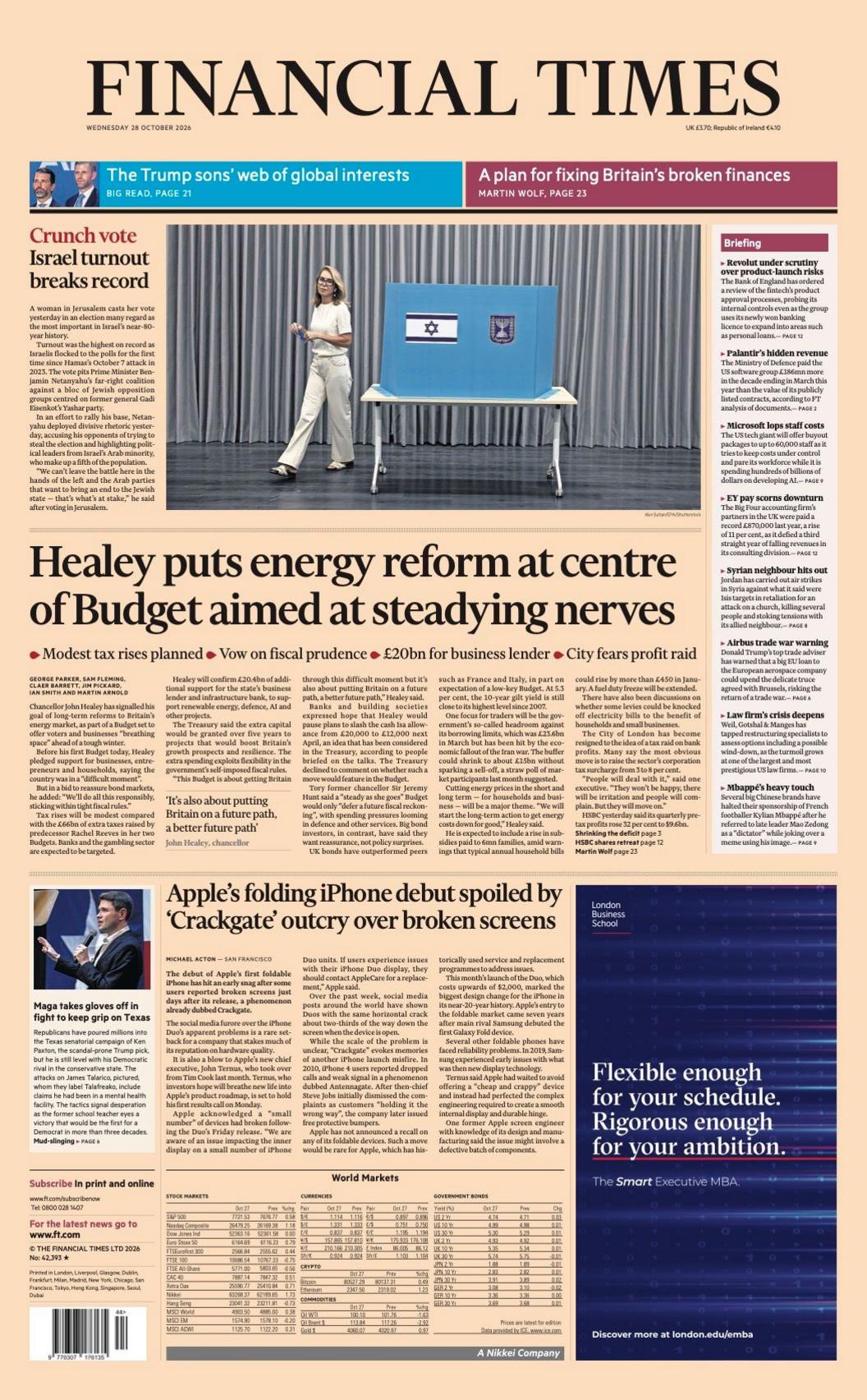The headline on the front page of the Financial Times reads: “Healey puts energy reform at centre of Budget aimed at steadying nerves”.