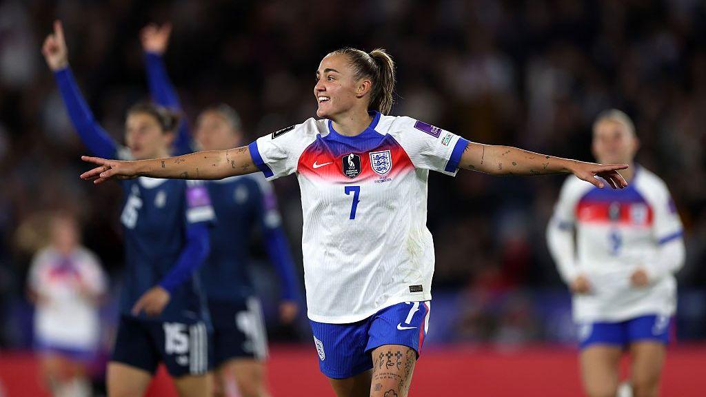 Georgia Stanway celebrates scoring for England