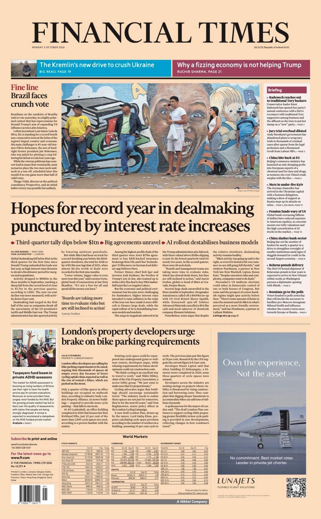 The headline on the front page of the Financial Times reads: "Hopes for record year in dealmaking punctured by interest rate increases".
