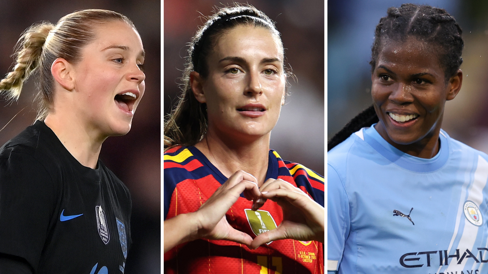 A split image of Alessia Russo, Alexia Putellas and Khadija Shaw