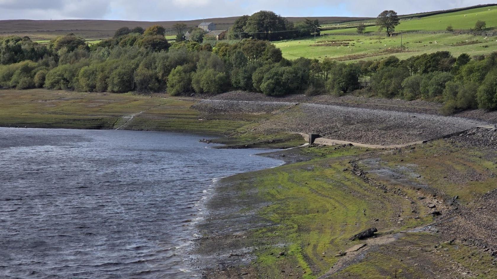 Low water levels at Baitings reservoir near Ripponden.