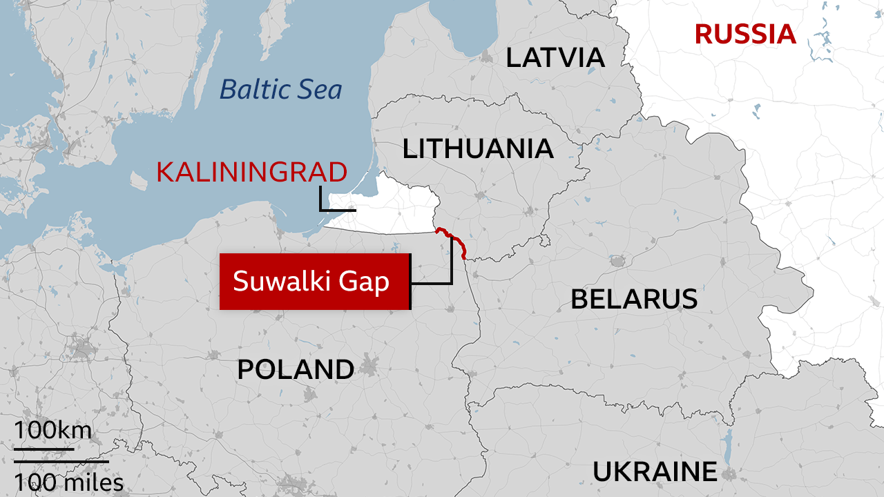 Map showing where the Suwalki Gap is, a stretch of border between Poland and Lithuania. Also highlighted are the Russian exclave of Kaliningrad on the Baltic coast and the Estonian city of Narva