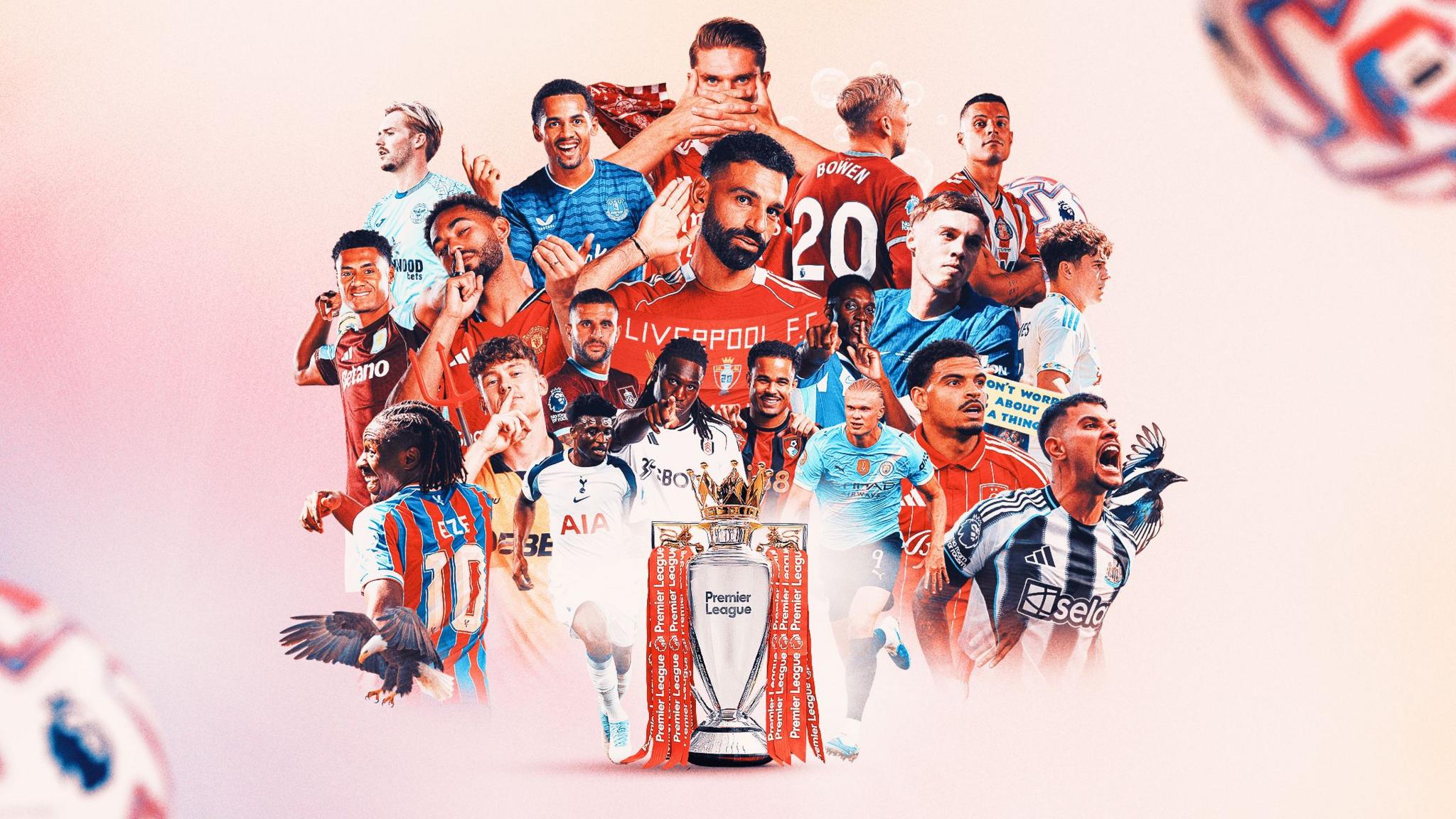 A graphic of Premier League players from every team in the division in 2025-26 season, with the Premier League trophy in front of them.