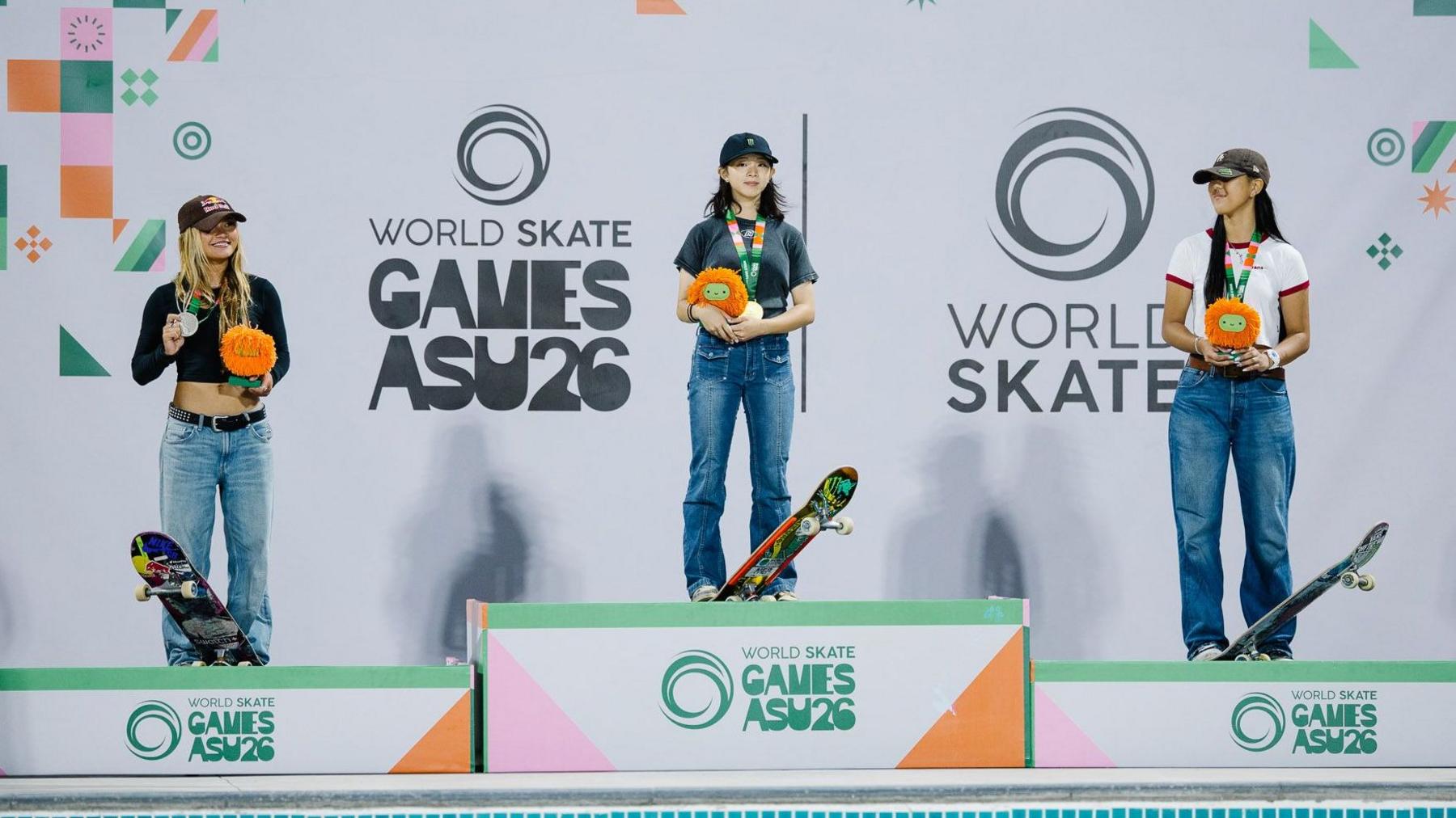 Podium at the World Skate Games 2026 in Paraguay.  1st place (middle) Hasegawa Mizuho (Japan) 2nd place (left) Sky Brown (Great Britain)  3rd place (right) Cocona Hiraki (Japan)