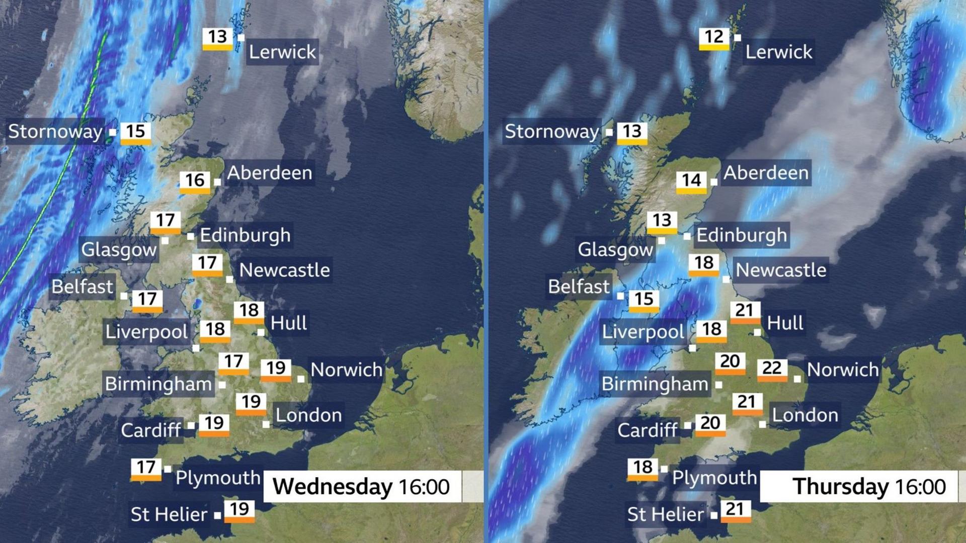 Two weather maps showing forecast temperatures for Wednesday and Thursday at 4pm. On Wednesday temperatures range from 13C in Lerwick to 19C in Norwich, London, Cardiff and St Helier. On Thursday temperatures range from 12C in Lerwick to 22C in Norwich.