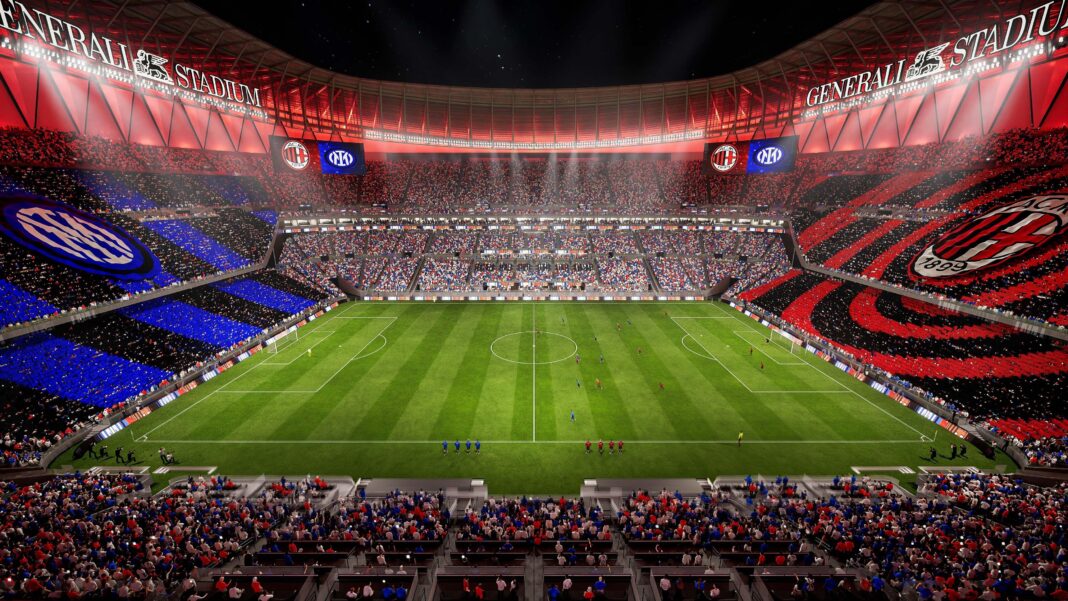 ‘We fell behind’ – what does new San Siro deal mean for AC Milan and Inter? An interior graphic design of the planned Generali Stadium in Milan, Italy, which will be shared by AC Milan and Inter