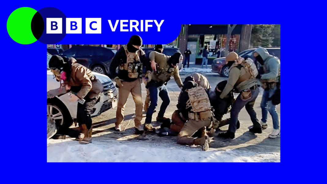 Renee Good: Family of US woman killed by ICE agent sues Trump officials Screengrab from video showing several officers restraining Alex. Has a Verify branded blue border.