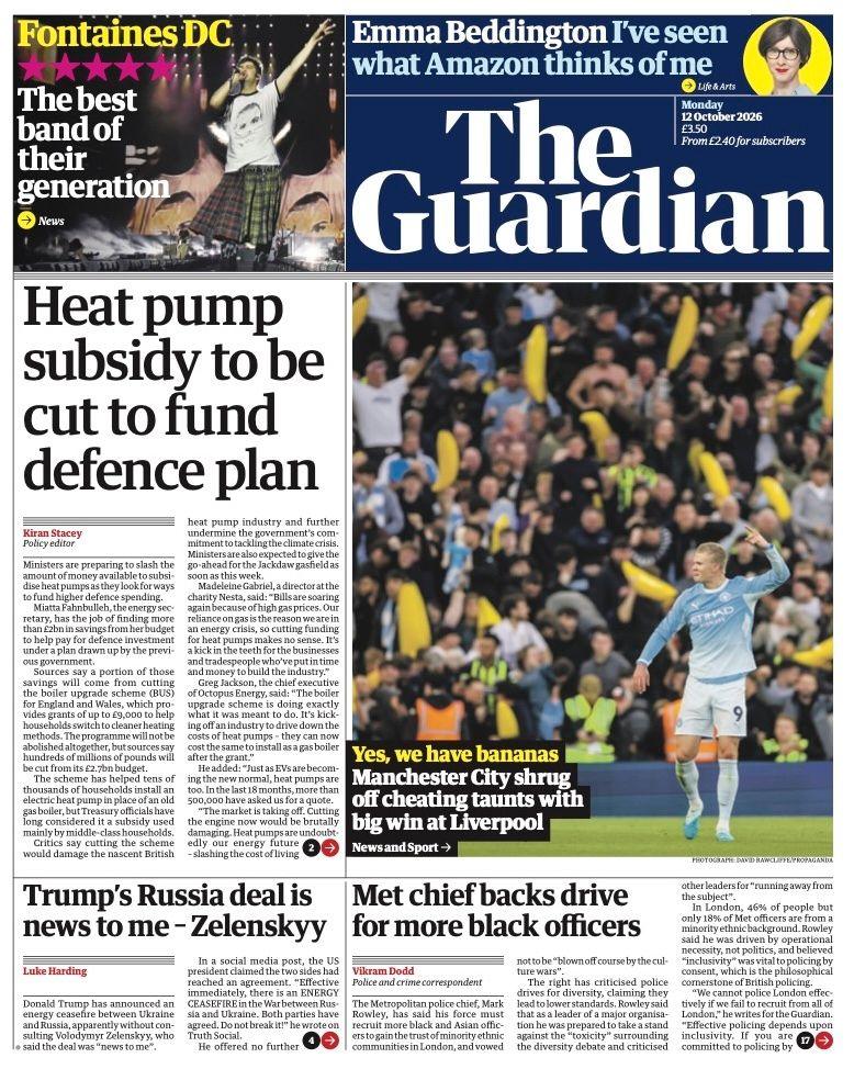 "Beat pump subsidy to be cut to fund defence plan" reads the headline on the front page of the Guardian.