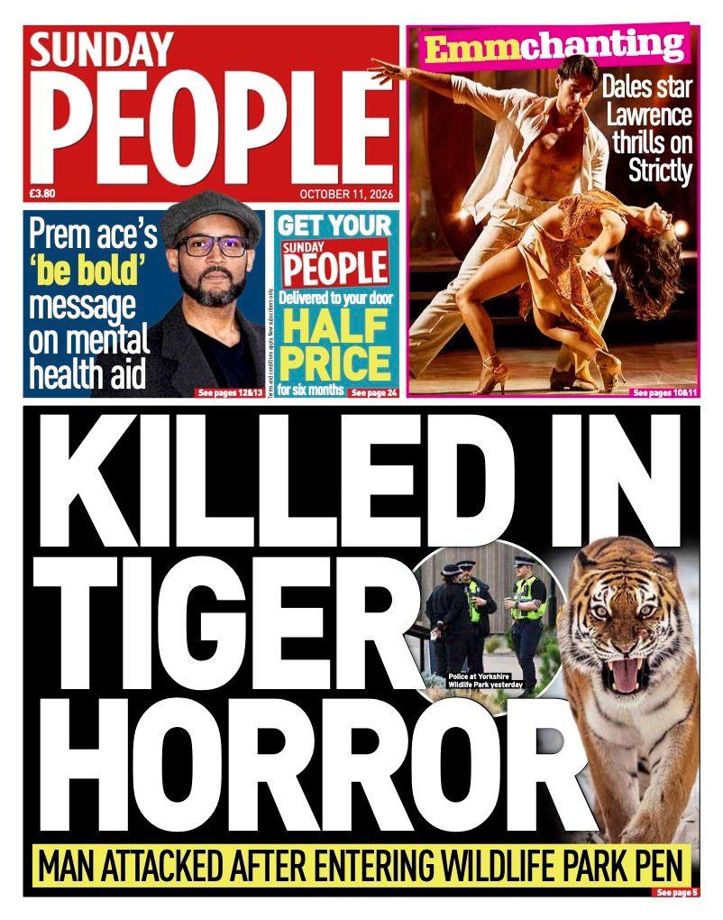 The headline on the front page of the Sunday People reads: “Killed in tiger horror”.