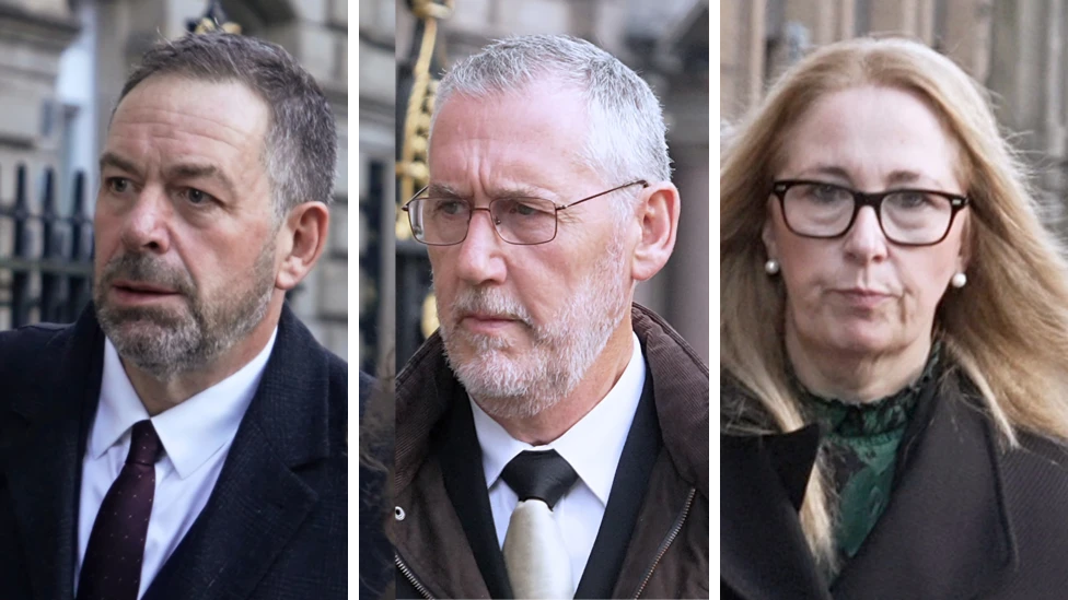 A split image of three individuals. From the left, there is a man with short brown hair and a short beard, wearing a shirt and tie and black wool coat. In the centre is a man with white hair and white beard, wearing a shirt and tie and brown jacket. On the right is a woman with long strawberry blonde hair and a green top and jacket.