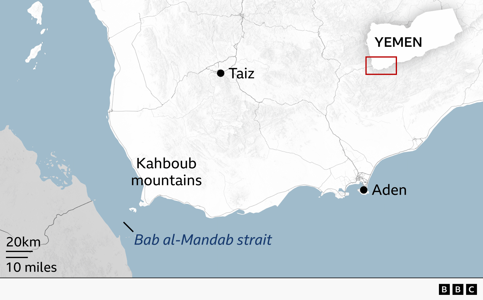 Map of south-western Yemen showing the location of the Kahboub mountains, Taiz, Aden and the Bab al-Mandab Strait