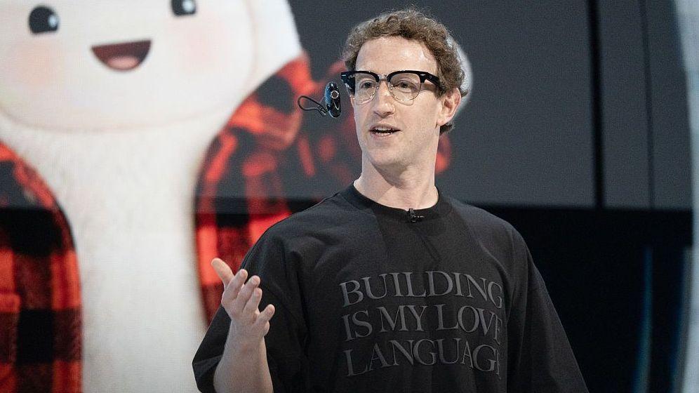 Meta chief executive Mark Zuckerberg wears a black t-shirt which reads: "Building is my love language".
