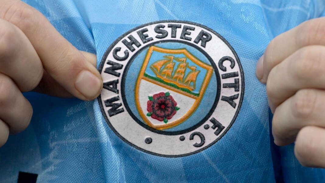 A detailed view of a Manchester City crest before the Premier League 2026/27 match between Crystal Palace FC and Manchester City at Selhurst Park