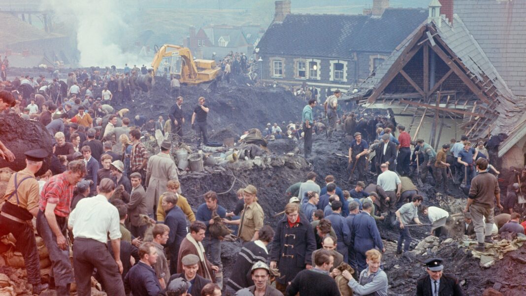 Prime minister visits Aberfan ahead of 60th anniversary of ‘horrifying tragedy’ Rescue efforts in Aberfan in 1966. A school building has collapsed under the a coal waste tip. People are digging through the rubble to rescue children