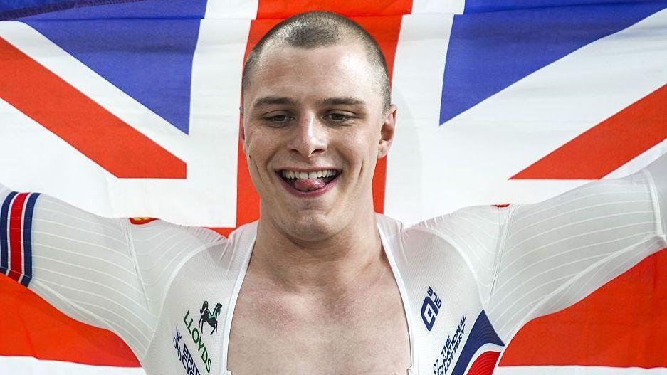 Matthew Richardson celebrates after finishing men's sprint final on the fourth day of the 2026 UEC Track Cycling European Championships at the Konya Olympic Velodrome in Konya, Turkiye, on February 4, 2026