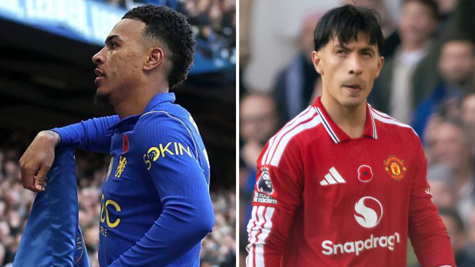 Split image, with Morgan Rogers leaning on a corner flag and Lisandro Martinez looking pensive