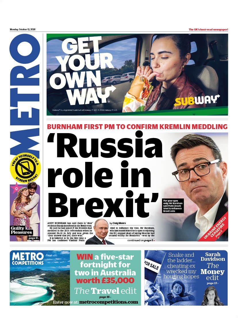 "Russia role in Brexit' reads the headline on the front page of the Metro.