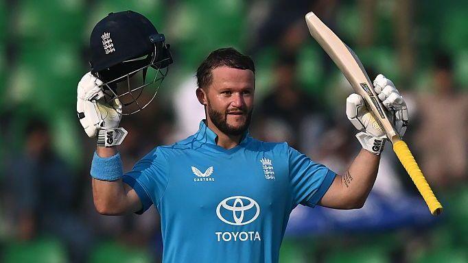 Ben Duckett celebrates a century v Sri Lanka