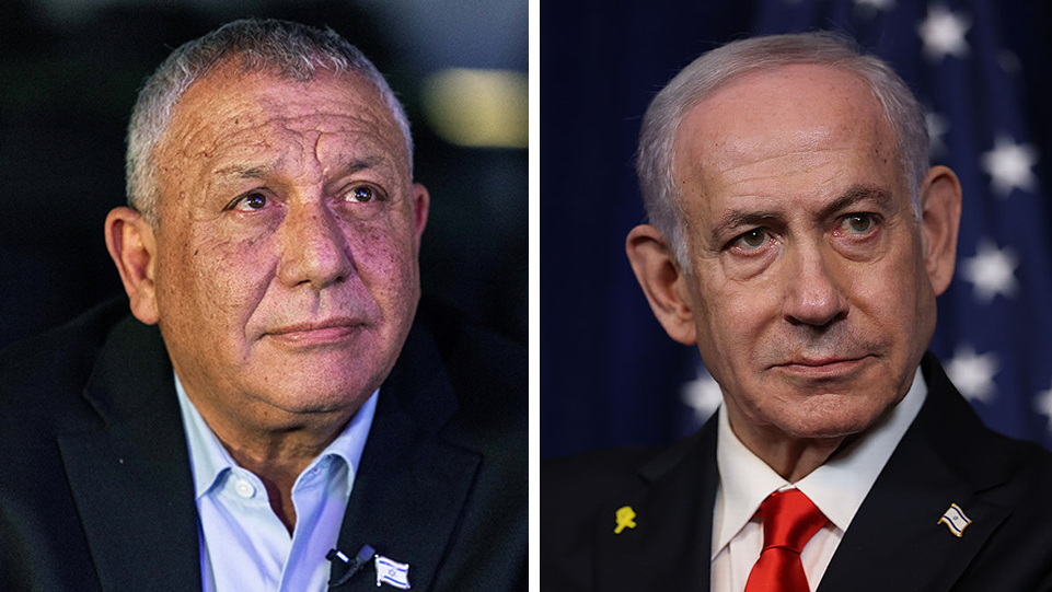 Two men wearing suits look ahead. It is Gadi Eisenkot and Benjamin Netanyahu in a composite image.