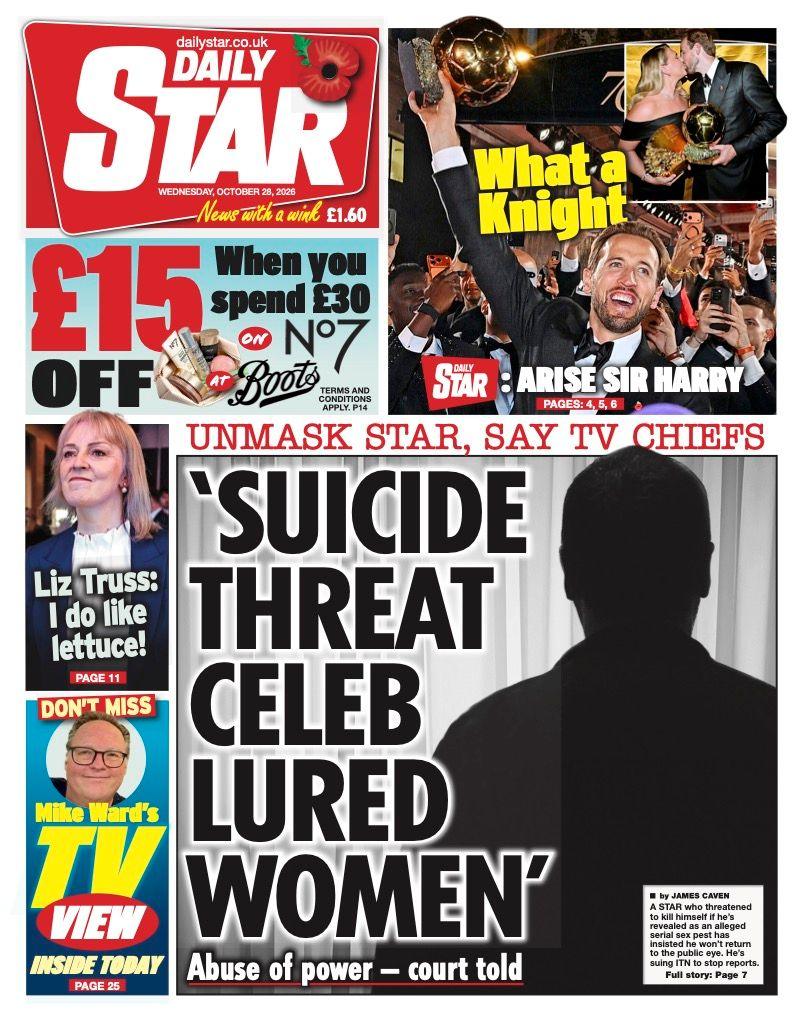 The headline on the front page of the Daily Star reads: “Suicide threat celeb lured women”.