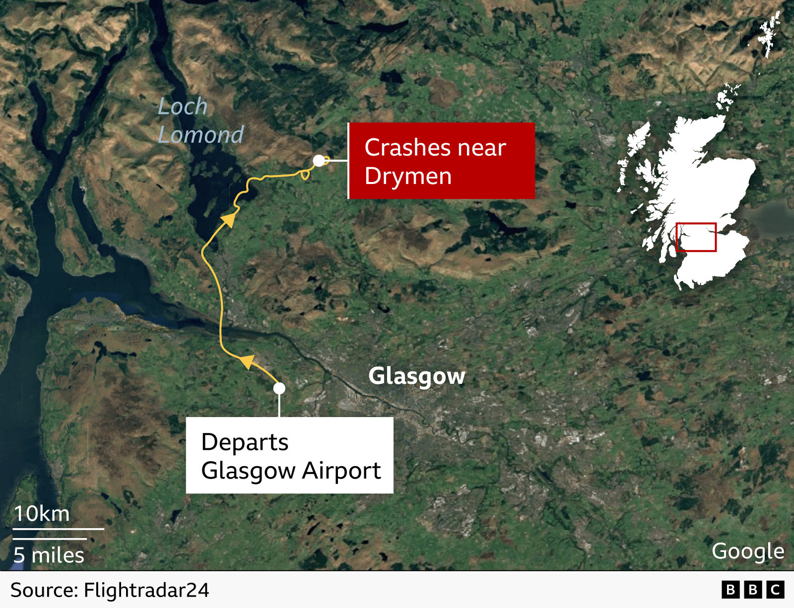 Map showing central Scotland with a pin where Glasgow Airport is, then a yellow line to show the aircraft's route towards Loch Lomond before it crashes near Drymen.