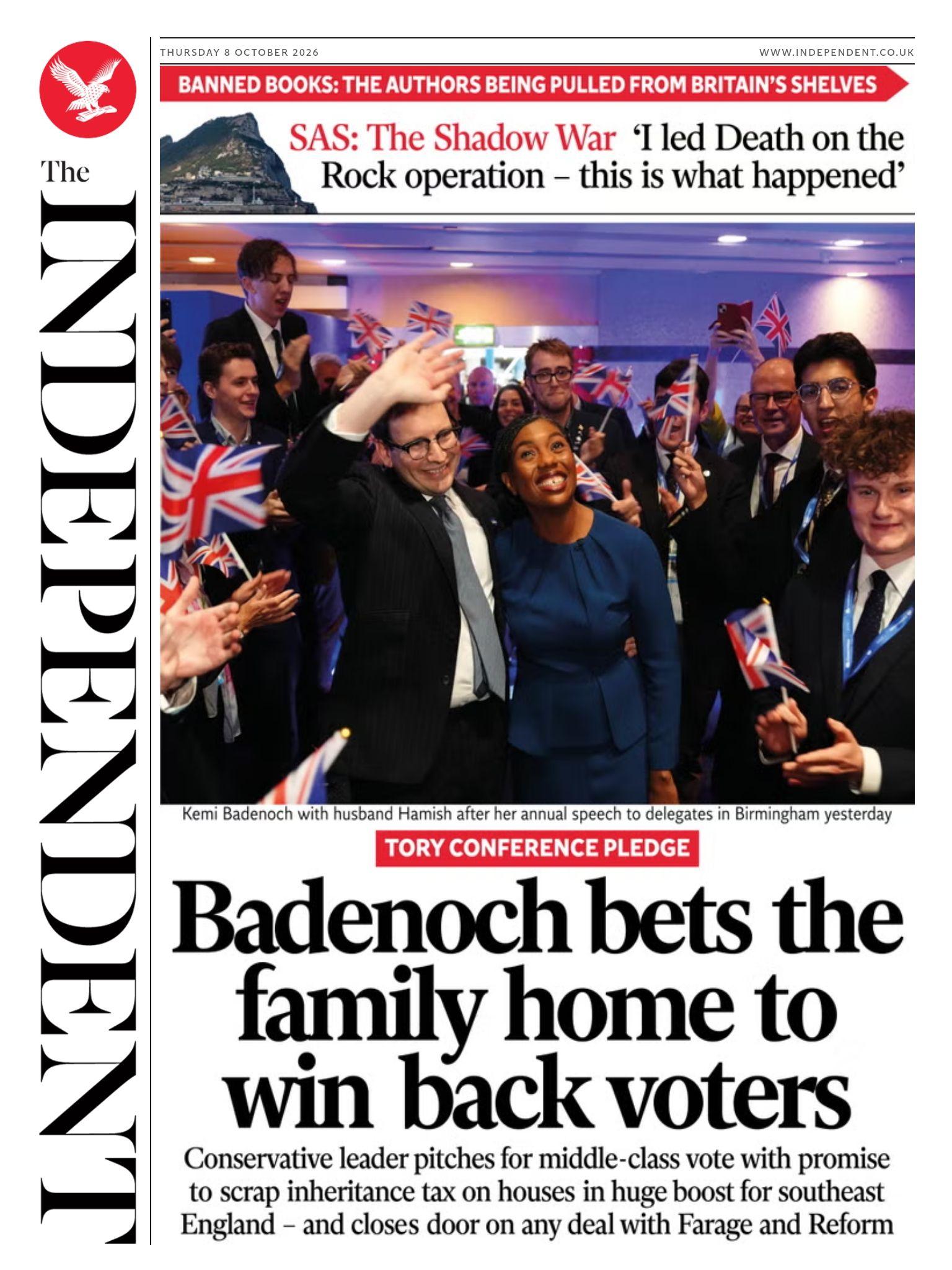 "Badenoch bets the family home to win back voters" reads the headline on the front page of the Independent.
