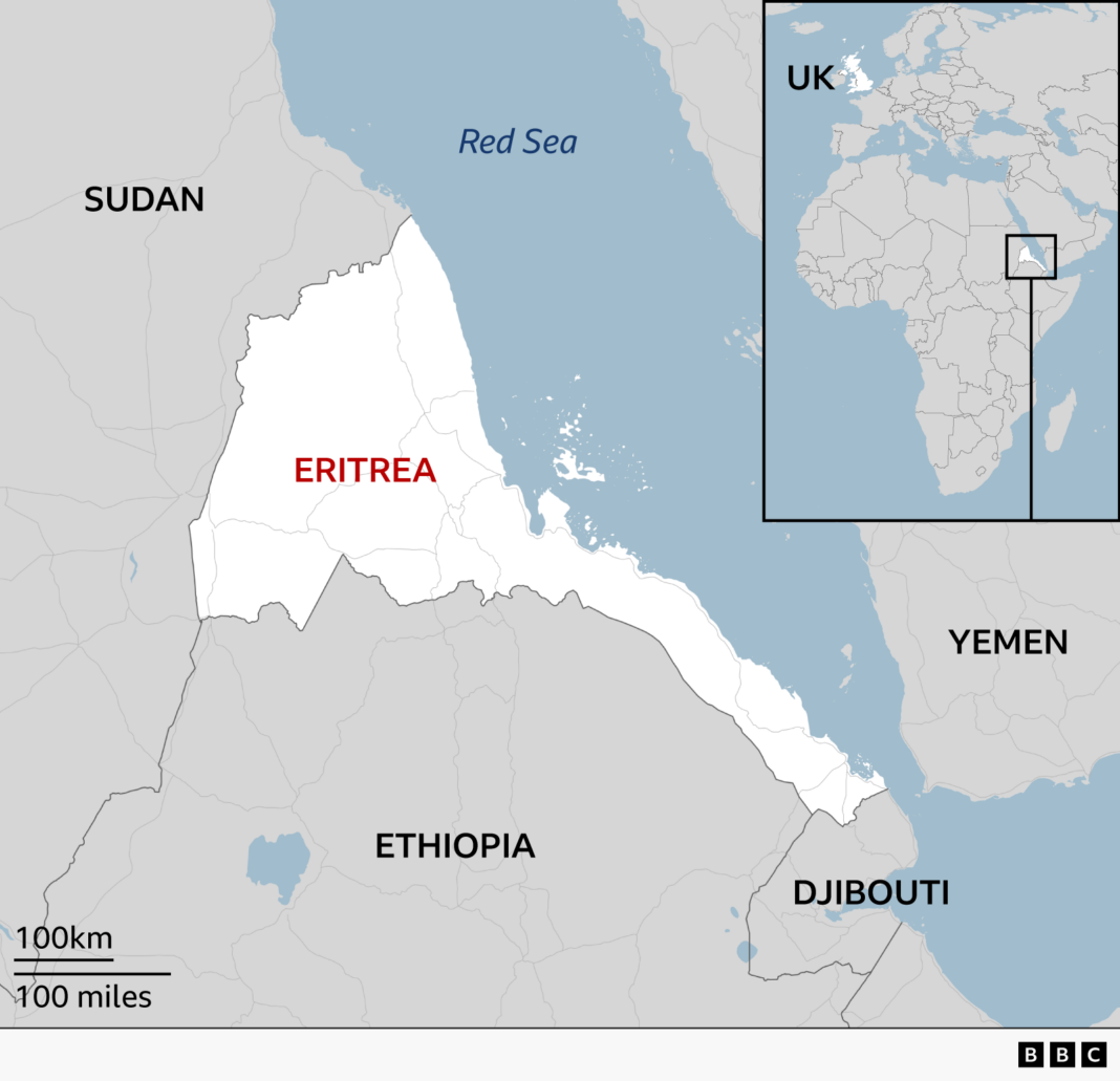 UK threatens to ban Eritreans over migrant return policy Map of Eritrea in north-east Africa, highlighted in white along the Red Sea coast. Neighbouring countries Sudan, Ethiopia and Djibouti are labelled, with Yemen shown across the Red Sea. An inset map of Africa in the top right shows Eritrea's location on the continent and where the UK is.