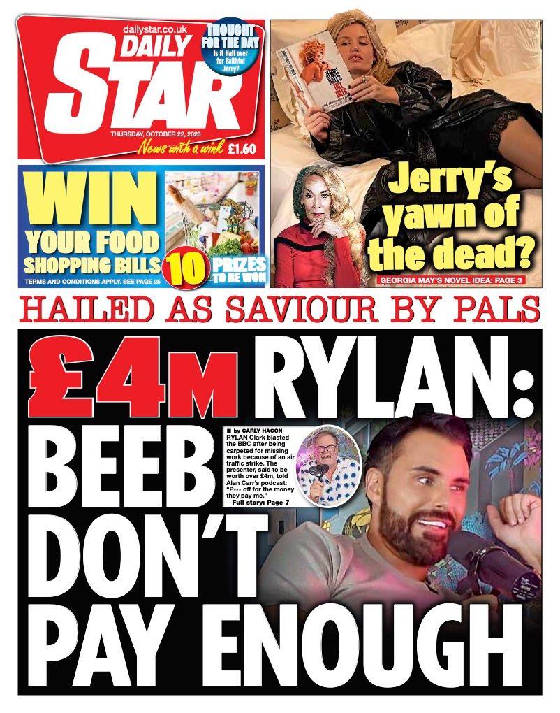 The headline on the front page of the Daily Star: '£4m Rylan: Beeb don't pay enough.'