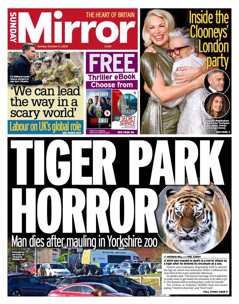 The headline on the front page of the Sunday Mirror reads: “Tiger park horror”.