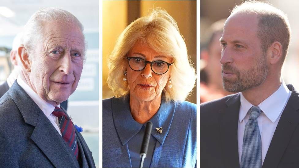 A composite image of King Charles, Queen Camilla and Prince William