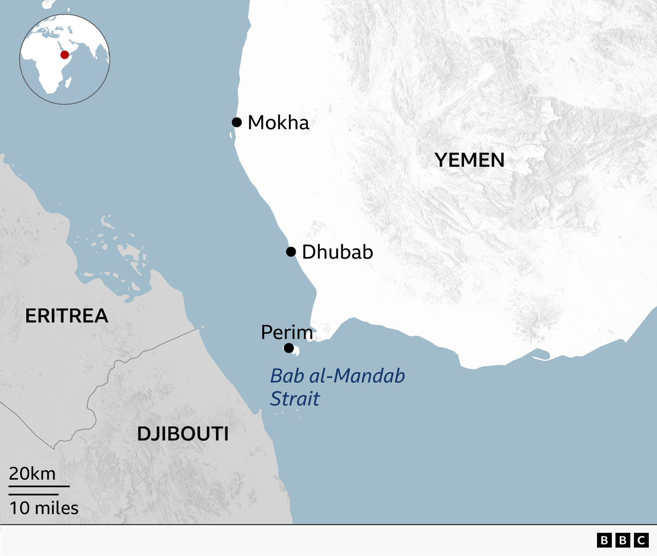 A map showing Djibouti and Yemen