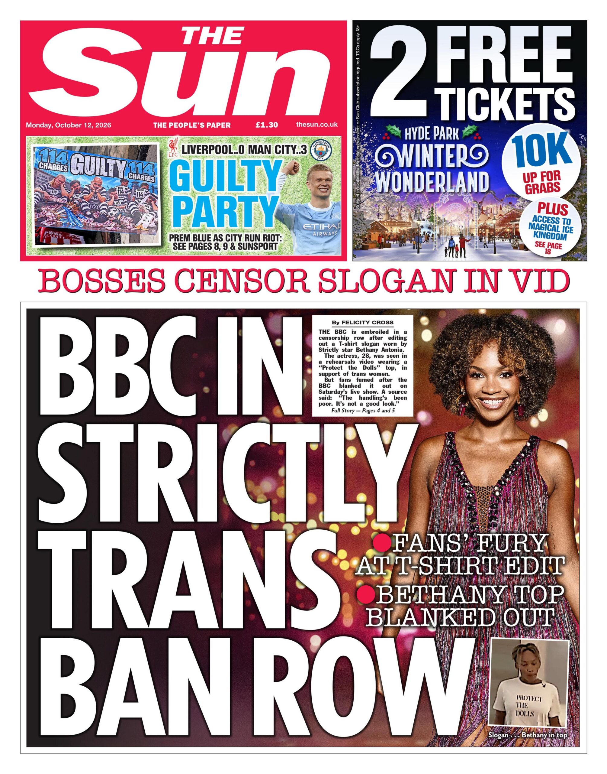 "BBC in Strictly trans ban row" reads the headline of the Sun.