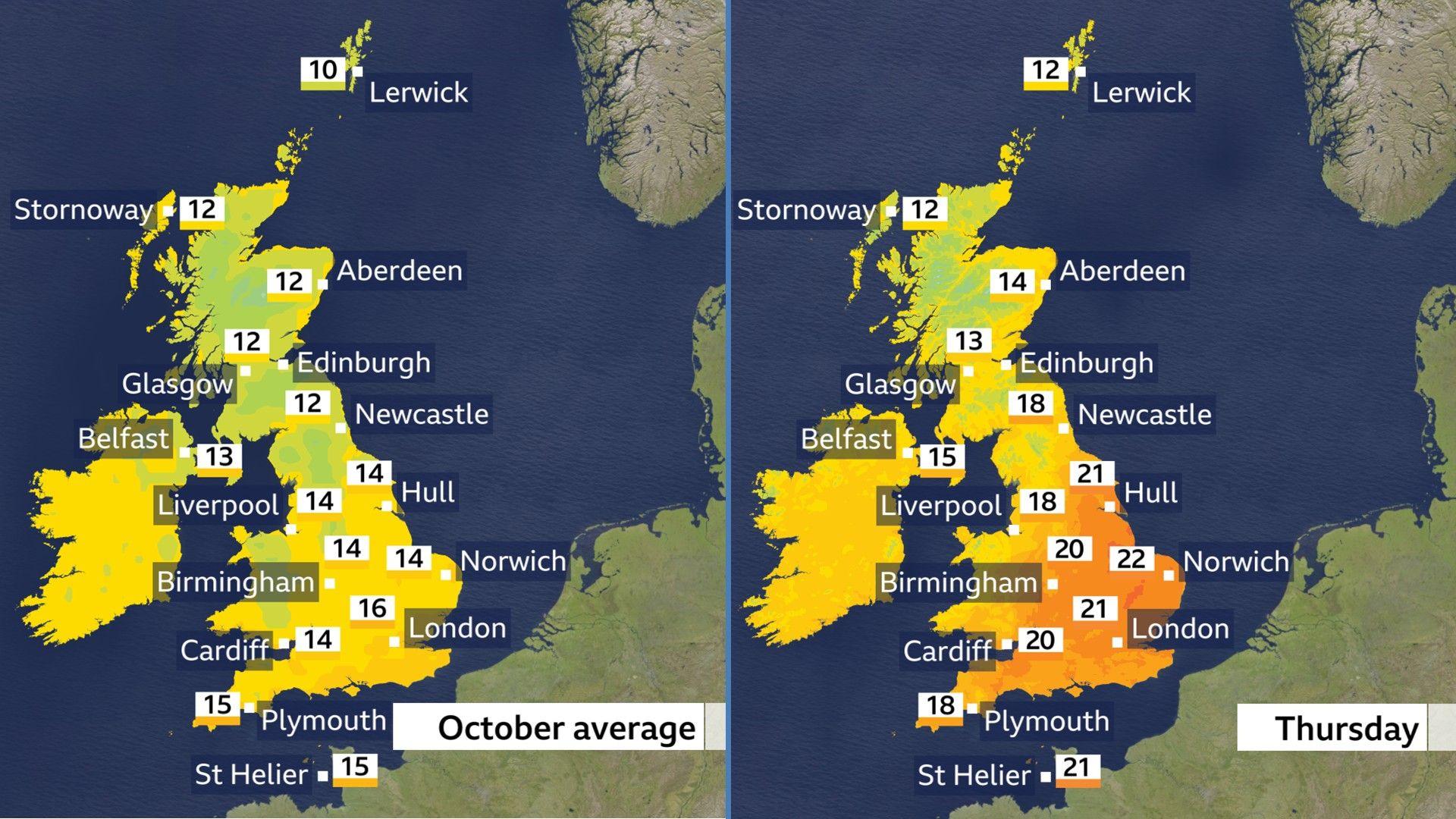 Two weather maps - one showing average maximum temperatures for October, ranging from 10C in Lerwick to 16C in London, and the other showing forecast temperatures for Thursday, ranging from 12C in Lerwick and Stornoway to 22C in London.