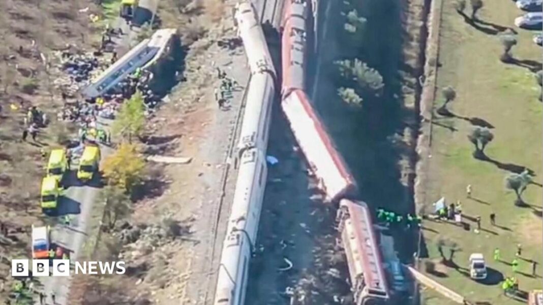Overturned carriages and makeshift medical tents at crash site image