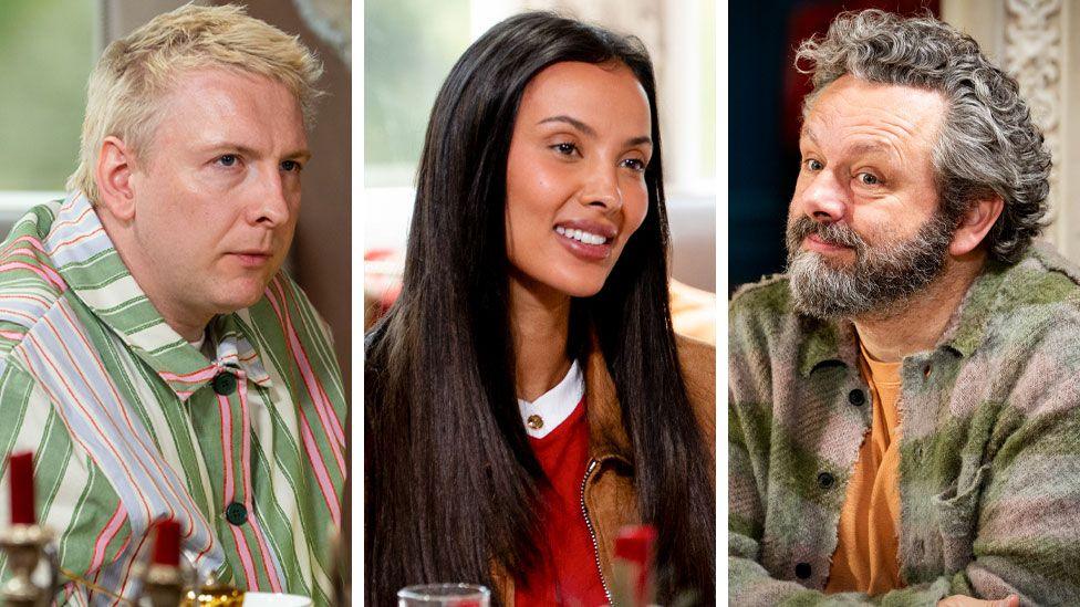 Three people seated side by side in a composite image, each shown from the chest up around a table indoors. The left panel shows comedian Joe Lycett with short light-coloured hair wearing a loose green-and-white striped shirt. The centre panel shows Maya Jama with long dark hair wearing a red top and brown jacket. The right panel shows Michael Sheen with curly grey hair and a beard wearing a green check-pattern overshirt over an orange top. Out-of-focus glasses and table items are visible in the foreground, with softly lit indoor backgrounds behind each person.