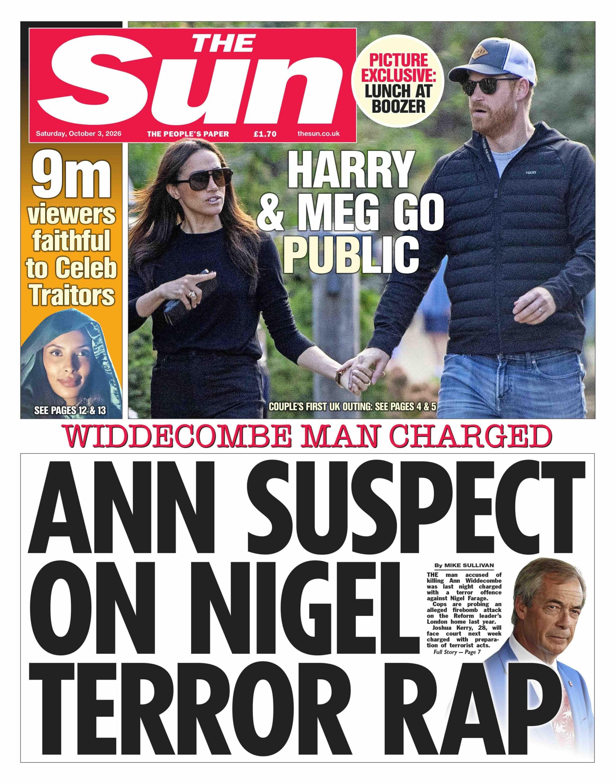 The headline on the front page of the Sun reads: 'Ann suspect on Nigel terror rap.'